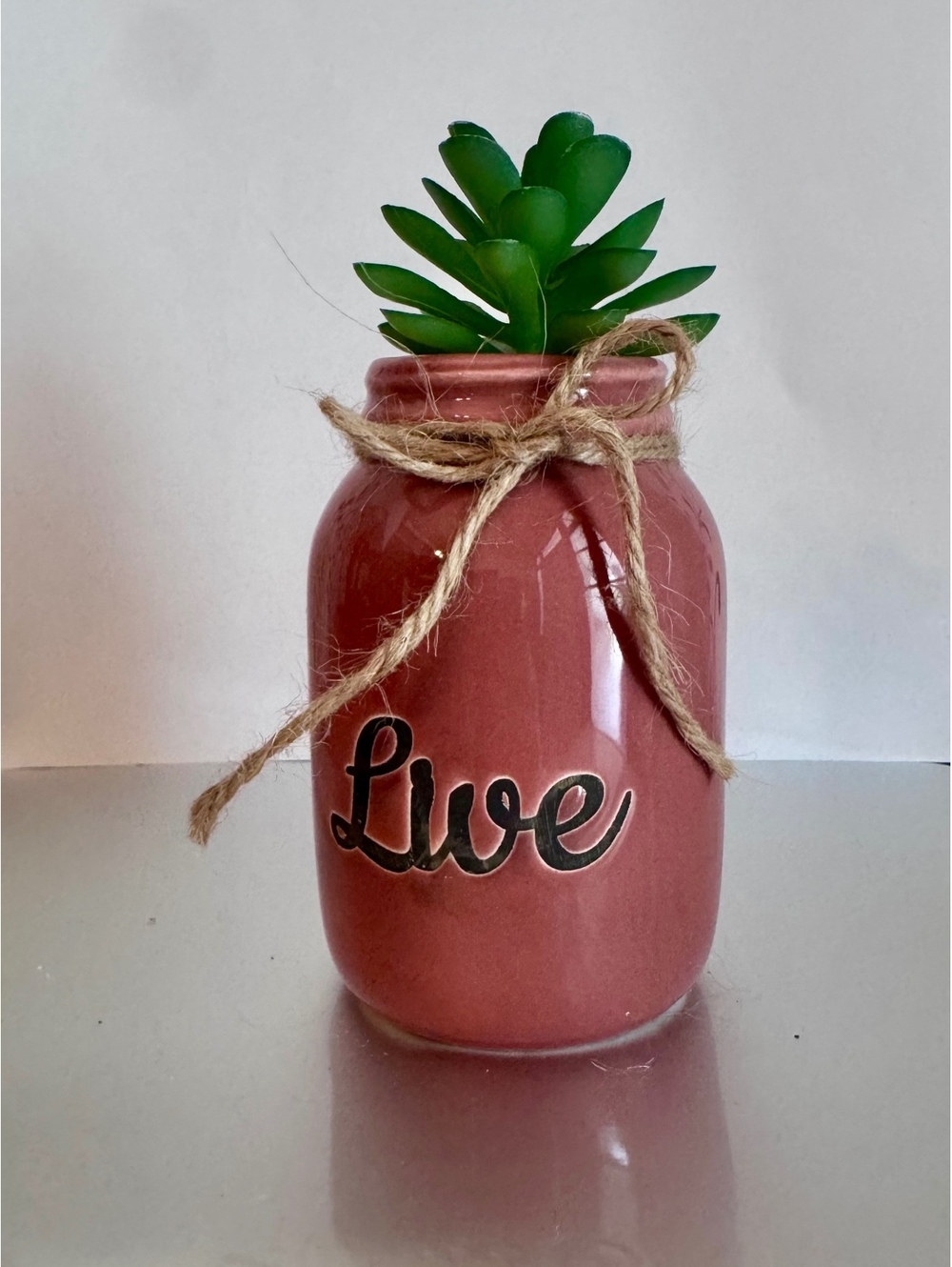 Decorative Pink Ceramic Planter Faux Succulent and Twine Accent